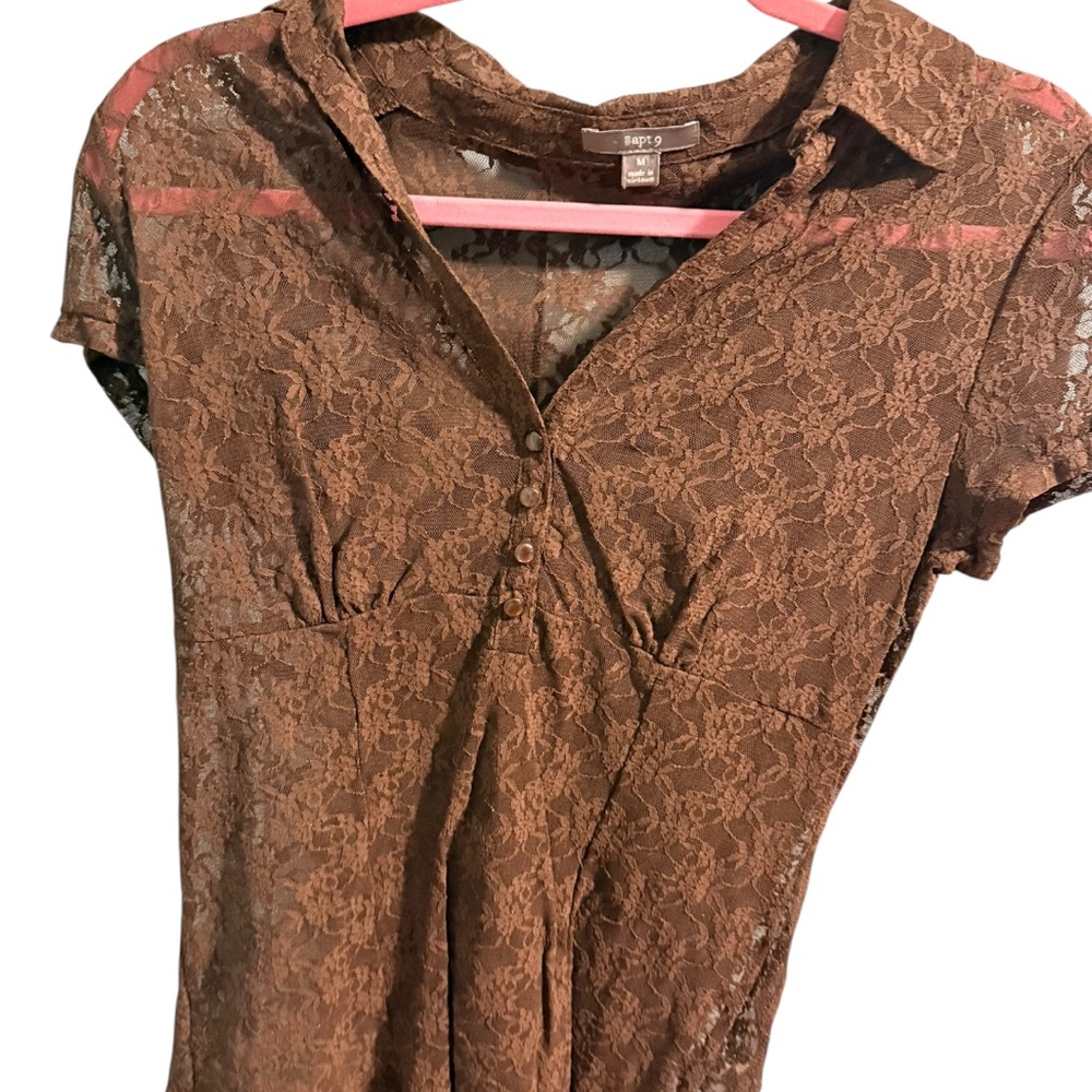 Apt.9 Brown Lace Button-Front Dress Sheer Top Y2K Cottagecore Poetcore - Picture 2 of 11